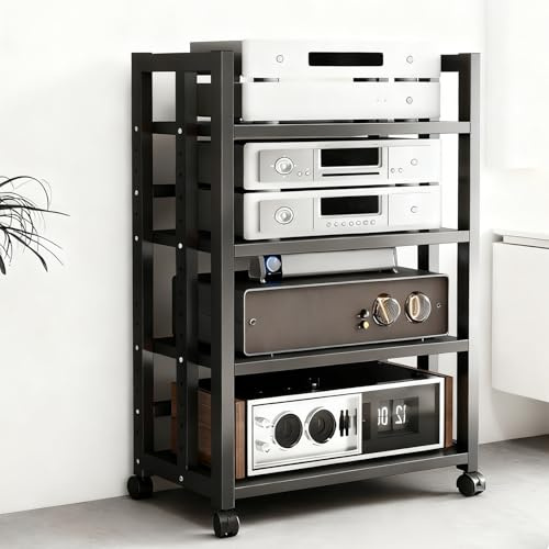 Audio Rack HiFi Regal Stereo Eckschrank 4 Ebenen 2 Bremräder, Komponenten Ständer mit Verstellbaren Ablagen für Verstärker/Player/TV Zubehör(50x40x120cm/19.7x15.7x47.2in)