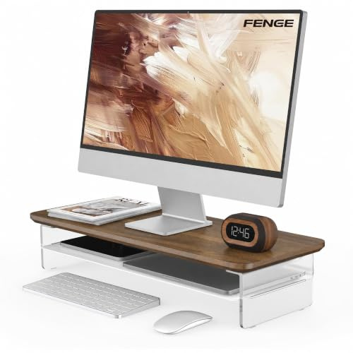 Fenge Soporte Monitor Acrílico, Pantalla Ordenador TV, Marrón, 60cm | Hasta 45kg, Diseño Flotante, Estante Metálico, Borde Elevado, Base Antideslizante, Portátil PC Escritorio Oficina Hogar