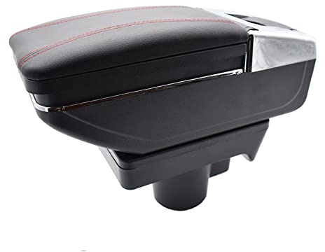 Für Opel Für Astra H 2004-2014 Aufbewahrungsbox Armlehne Box Rest Drehbarer Getränkehalter Armlehne Schwarzes Leder(Red Thread)