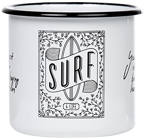 MUGSY Emaille Tasse, Surf for Life Design, 300ml, Outdoor Ausrüstung, bruchfest & leicht
