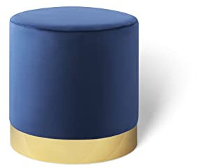 LIFA LIVING Runder Samt Pouf in dunkelblau Ø 38 cm, Zylinderförmiger Samthocker mit goldenem Detail, Fußhocker aus Samt in Navy, Sitzhocker Marineblau