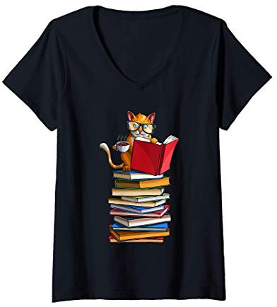 Donna T-Shirt Gatti e Libri Collo V Maglietta con Collo a V