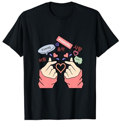 K-Pop & K-Drama Korean Designs Shirts & Co. Saranghae, écriture coréenne, cœur de doigt Kpop T-Shirt Noir Femme S