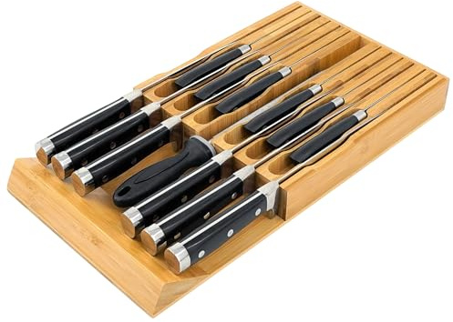 VaeFae Bamboo Knife Drawer Organiser, Holds 12 Knives (Not Included) | In-Drawer Knife Block, Space-Saving Bamboo Holder for Kitchen Drawers, Easy Access and Safe Storage