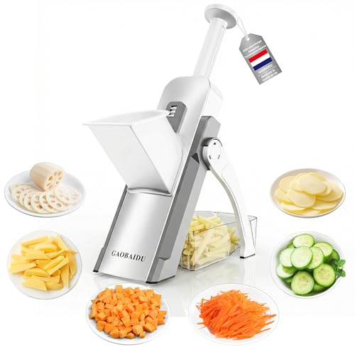 Mandoline de Cuisine Safety Slicer Manuelle Multifonction Tous Coupe Légumes Lame en Acier Inoxydable, Coupe Légumes en Julienne, Cubes et Patate Frite (gris moyen)