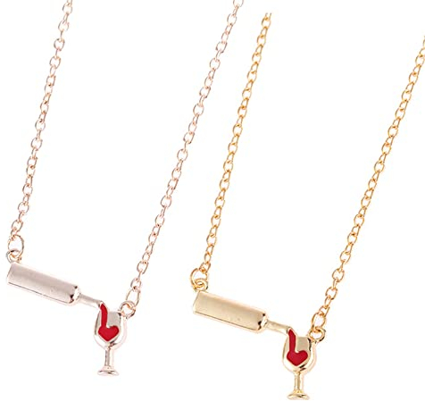 2-3Pcs Wine Glass Bottle Cup Pendant Necklace Set Enamel Love Heart Adjustable Chain Necklace for Women Girl Teen Lover Cheers Clavicle Jewelry Valentine's Day Gift, Metal, alloy