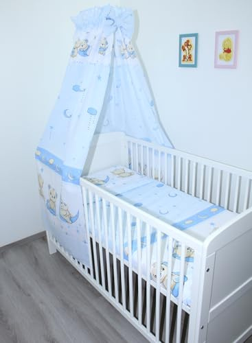 Primawela Baby Bettset Bettwäsche mit Himmel Vollstoff - Bärchen Blau - Bettausstattung Set (7 teilig)