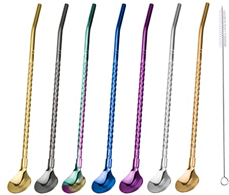 7 Pcs Drinking Straw Spoon Stainless Steel Reusable Straw Spoon with 1 Cleaning Brush (Threaded)