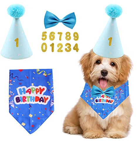 4-teiliges Set Haustier-Geburtstagsparty-Zubehör, Hunde-Dreieck-Schal, Geburtstagshut, Hundefliege, Goldpulver, digitaler Patch, Haustier-Party-Feierdekoration für kleine, mittelgroße und große