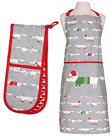 Auntie Morags Scion Mr Fox Christmas Grey Apron & Double Oven Glove Set