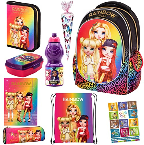 Goldkids Set 9er Schulranzen Ranzen Federmappe Turnbeutel Brotdose Trinkflasche Schlamperrolle Aufgabenheft Zuckertüte Aktenmappe Rainbow High Motiv geeignet ab der ersten Klasse der Grundschule