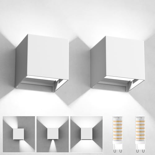 YrgePowk 2er - Wandlampe mit Austauschbarer G9 LED lampe Einstellbar Abstrahlwinkel Kaltweiß 6000K Aussenbeleuchtung IP65 Wasserdichte Wandleuchte Aluminium Wandleuchte Innen/Aussen(Weiß)