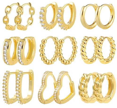 Ohrringe Set Gold, 9 Paar Multipack Creolen Gold Set 14k Echt Vergoldete Creolen Kleine für Damen, Creolen mit AAA+ Zirkonia Knorpel Piercing Ohrringe Creolen Gold Quadrat Twist Herz Ketten