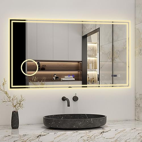 Biubiubath Badspiegel mit Beleuchtung 120x70cm LED Wandspiegel mit Bluetooth, Uhr,Touch und 3X Vergrößernder Kosmetikspiegel,Badezimmerspiegel Beschlagfrei 3 Lichtfarbe 3000-6000K Dimmbar,IP44