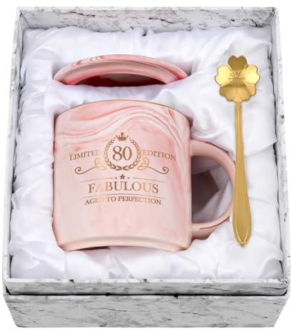 Joymaking 80th Birthday Gift for Women, 12oz Pink Coffee Mug Set with Gift Box, Gift for Mum Coworkers Friend Boss, Ceramic Coffee Mug for Birthday Gift Christmas Mothers Day