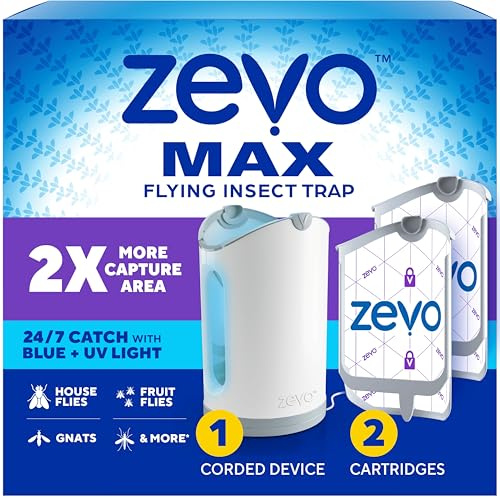 Zevo MAX Indoor Mosquito and Flycatcher - Flying Insect Trap for Mosquitoes, House and Fruit Flies - Use in Any Room - No-Mess Drain (1 Plug Base & 2 Cartridges)