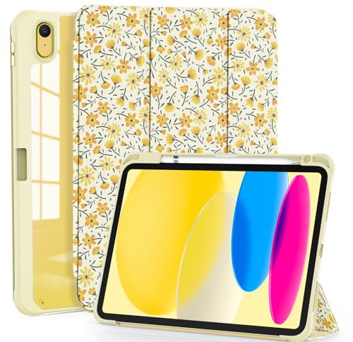 OKP for New iPad 10th Generation Case 2022, ipad 10.9 inch Case with Trifold Stand, Auto Wake/Sleep, ipad 10 gen Protective Cover with Slim Lightweight Clear PC Back Shell for Women, Yellow Flowers