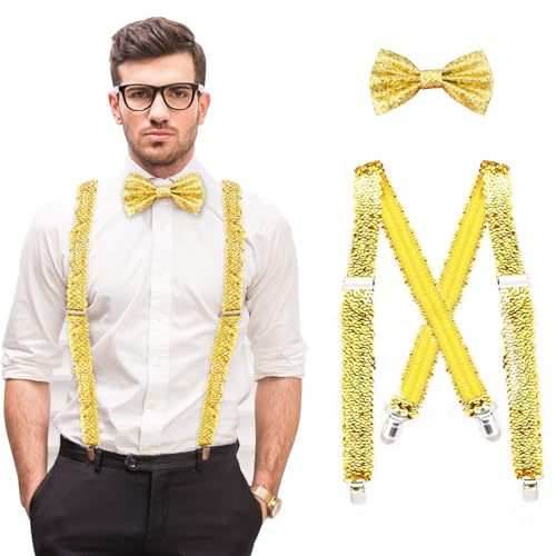 Pailletten Hosenträger und Fliege, Herren Pailletten-Hosenträger-Set, mit verstellbaren Pailletten Schleife, für Kostüm-Zubehör, Karneval, Silvester, Mottoparty (Gold)