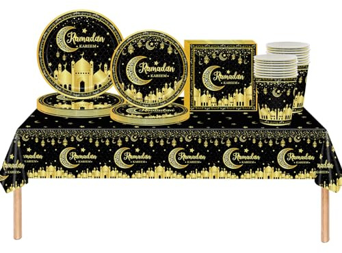 69 Stück Eid Partygeschirr Set,Partygeschirr Servietten Pappteller Pappbecher Tischdecke,Schwarzgold Mond Sterne Geschirrset Dekoration Tischdeko Zubehör für Eid Ramadan Mubarak Party