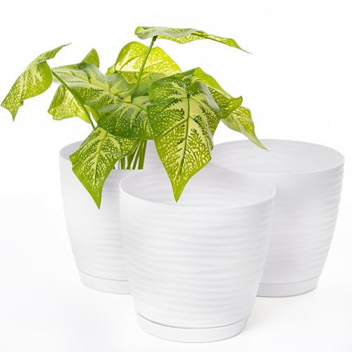 Home Garden Ornaments Pflanzentopf für Zimmerpflanzen – 3er Set Blumentöpfe aus Kunststoff mit Wellenstruktur, Drainagelöchern & integriertem Untersetzer – für Innen & Außenbereich (13 cm, weiß)