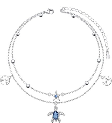HOOHWE Meeresschildkröte Fußkettchen für Damen 925 Sterling Silber Layered Ankle Bracelet Längenverstellbar Fusskettchen für Frauen und Mädchen Sommer Fusskette Schmuck