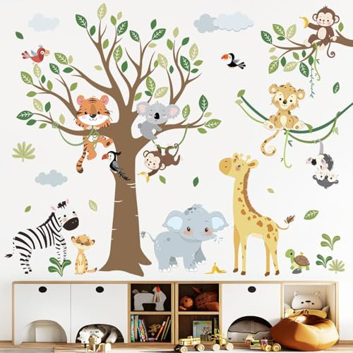 decalmile Pegatinas de Pared Animales de la Jungla Árbol Vinilos Decorativos Safari Elefante Jirafa Tigre Adhesivos Pared Habitación Infantiles Niños Bebés Guardería