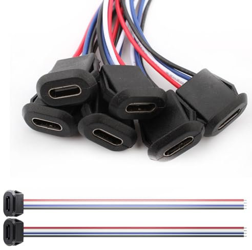 VISSQH 6 PCS USB Type-C Female Chassis,3A 4-pin USB C Soldering Jack with Card Buckle,4 Wire USB C Panel Mount connector,24AWG USB C Pigtail Cable Extension Power Cable(Black)