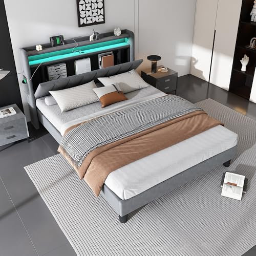 4ft6 Double Bed Frame Upholstered Bed Frame with Storage Headboard&LED Light Strip&4 USB Port, Platform Bed Storage Bed Multifunctional Bed for Adults&Teenagers, Velvet,Metal-Wood Support,No Mattress