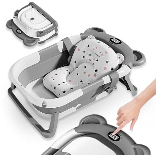 Faltbare Babybadewanne Mit Badekissen Und Integriertem Thermometer - Kinderbadewanne Mit Kostenlosem Badewannenhalter - Ideal Als Geburtsgeschenk Für Mädchen Oder Jungen - Von Geburt An Baby-Badewanne