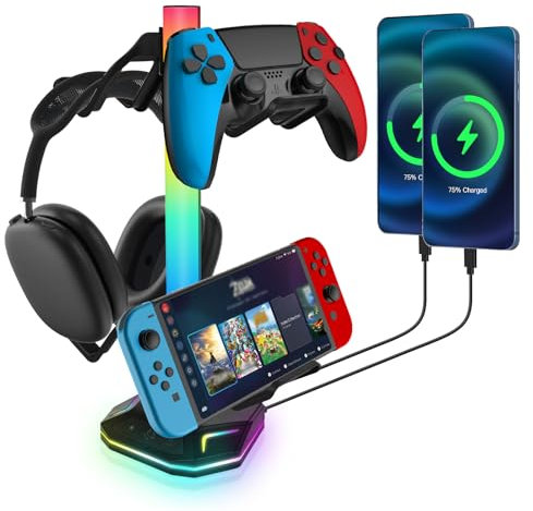 Soporte Cascos Gaming, Soporte Auriculares, Soporte para Cascos Gaming, Soporte Mando Con 10 Modos de Iluminación, Puerto USB Type-C, Apto para Todos Los Mandos de Juego de Auriculares (B)