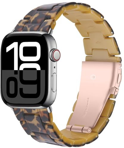 Miimall Bracelet Compatible avec Apple Watch 49/46/45/44/42mm(Series 3 2 1), Bracelet en Résine pour Apple iWatch 9 8 7 6 5 4 3 2 1 SE Strap Métal en Acier Inoxydable pour Femme, Tache de Léopard