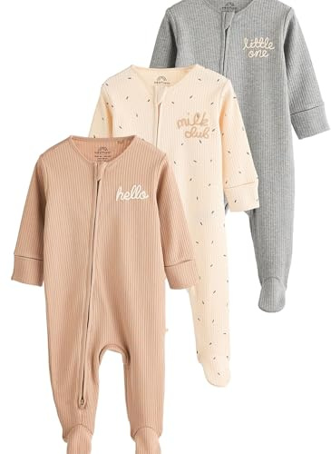 NEXT Baby 3er-Pack Baby Schlafanzüge, 2-Wege-Reißverschluss Neutral Milk Club 74-80