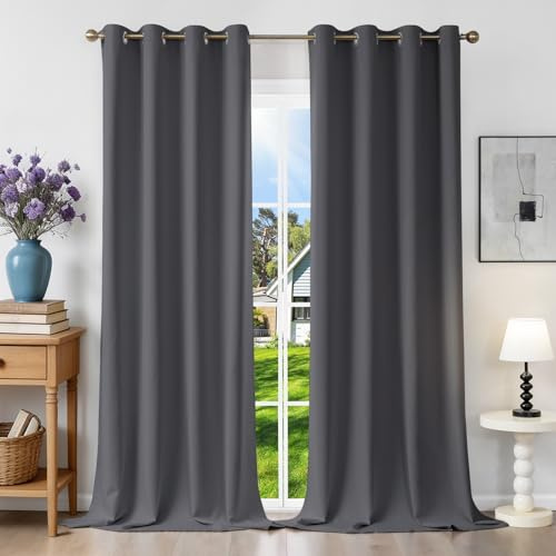 Runyéla Verdunklungsvorhänge mit Ösen Gardinen, Thermovorhang Hitzeschutz | 2er Set, H260xB140 Dunkelgrau Vorhang Blickdicht, UV-Schutz Sichtschutz Schalldämmung Blackout für Schlafzimmer Wohnzimmer