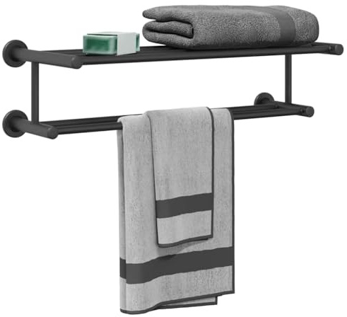 vidaXL Towel Rack Black 61 x 23 x 17 cm Stainless steel, Bathroom Towel Rack, Modern Design, Rectangular Storage Solution, Wall-Mounted Holder, Compact, Elegant Decor Organizer