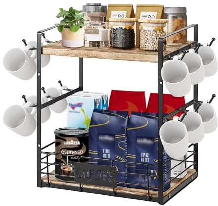 GREENSAPPIRE 2-Tier Coffee Bar Organizer with 12 Mug Hooks – Countertop Coffee Station Rack, Multi-Functional Cup and Mug Holder for Kitchen, Coffee Bar, Home & Office Storage Display Shelf