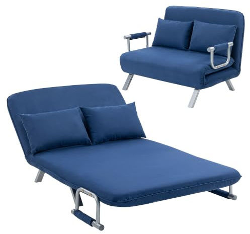 HOMCOM 2 Seater Sofa Bed Click Clack Convertible Bed Settee Dark Blue | Modern Faux Suede Upholstered Sofa, 2 Pillows, Living Room, Guest Room