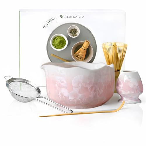 MinXpert Premium Matcha Set, Glazed Crystal Flower Matcha Broom Set, 5-Piece Japanese Matcha Tea Set, Bowl with Spout, Bamboo Broom, Strainer & Accessories, Crystal Flower Pattern, Colour Gradient