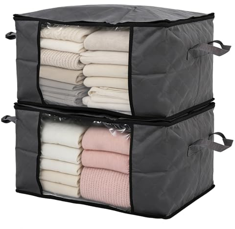 Sekey 2 Stück 90L Aufbewahrungstasche, Faltbare Kleiderschrank Organizer, Stoff-Aufbewahrungsbox mit Doppelreißverschluss und Deckel, Groß Bag für Kleidung, Bettwäsche, Umzug, 60x43x35cm, Grau