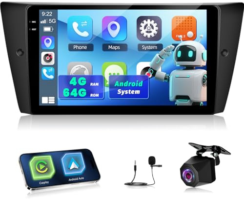 NHOPEEW 4+64G Autoradio für BMW Serie 3 E90 E91 E92 E93 2005-2013 mit Wireless Carplay & Android Auto – 9-Zoll-Incell-Bildschirm, unterstützt WiFi, GPS, Lenkradsteuerung + Rückfahrkamera, Canbus