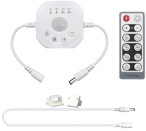 Clearhill 5V-24V DC Motion Sensor Dimmer Switch with Remote Control,Adjustable Brightness & Time Delay,Daylight & Night Mode,for Indoor Strip Lights with 5521DC Male and Female Connectors.(White)