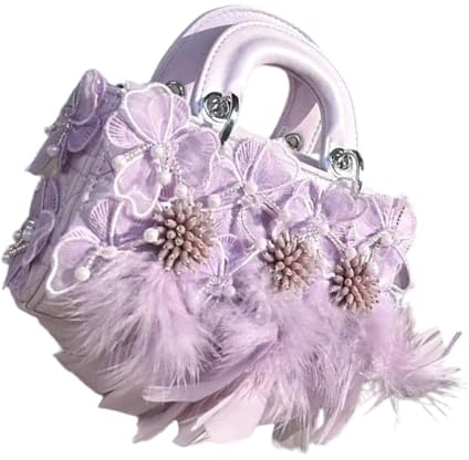 HOOLRZI Borsa a tracolla in pizzo piumato alla moda abbellimenti con perline tracolla funzionale design leggero borsa a tracolla per donna borsa da donna, Viola