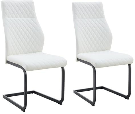 SEEDWAVE Esszimmerstuhl 2er Set Freischwinger, ergonomischer Küchenstuhl im skandinavischen Stil mit hoher Rückenlehne und pflegeleichtem PU-Leder-Bezug (Weiß schwarz)