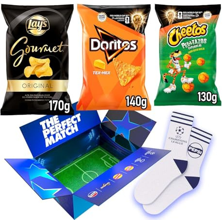 Pack Especial Champions League de 10 Bolsas de Snacks Salados: 3 LAY’S Gourmet, 3 DORITOS Tex Mex y 4 CHEETOS Pelotazos para Aperitivos y Fiestas + Calcetines de Regalo