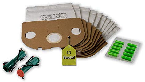 eVendix Filterset kompatibel mit Vorwerk Tiger, Kobold VT 250, 251, 252: 10 Staubsaugerbeutel ähnlich FP250, FP 251 + 2 Rundbürsten ET 340, EB 350, 351 F (1 Paar) + 10 Duftstäbchen