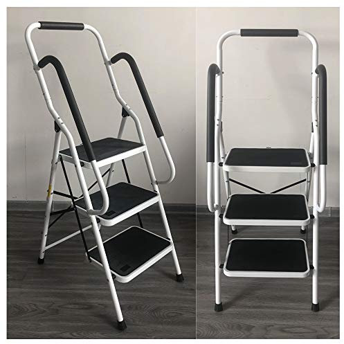 Marchepied Echelle Pliable, Escabeau 3 Marches Pliant avec 2 Rampes de Sécurité & Garde-Corps Charge Max. 150Kg pour Cuisine Bureau Utilisation