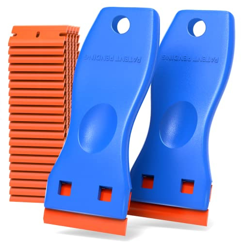 Rasqueta Vitroceramica, Rascador Para Cristal 2pcs Rascador De Vidrio 100 Cuchillas PláStico, Rascador Vitroceramica Para La EliminacióN De Pegamento De Vinilo (Azul)
