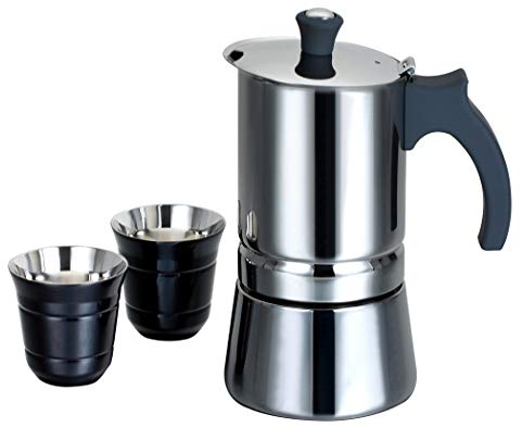 ROSSETTO Cafetière Italienne Induction de 6 tasses en Inox avec Poignée Grise + 2 Tasses de Expresso Noir Tous Feux