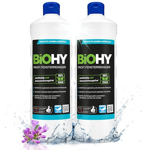 BiOHY Profi Fensterreiniger (2 x 1 liter) | Glasreiniger Konzentrat | für Fenstersauger geeignet | streifenfreie Reinigung von Glas-, Fenster- & Spiegelflächen | ideal für Haushalt & Auto