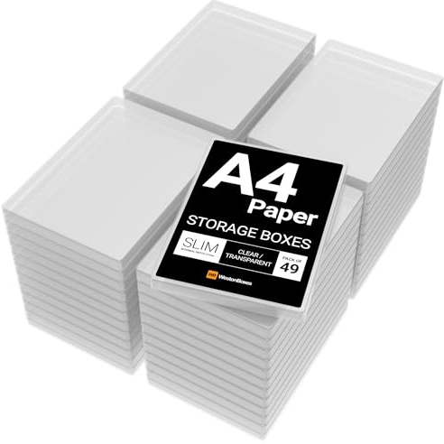 WestonBoxes A4 Slim Plastic Presentation or Storage Boxes with lids for A4 Paper and Card (Clear, Pack of 49)