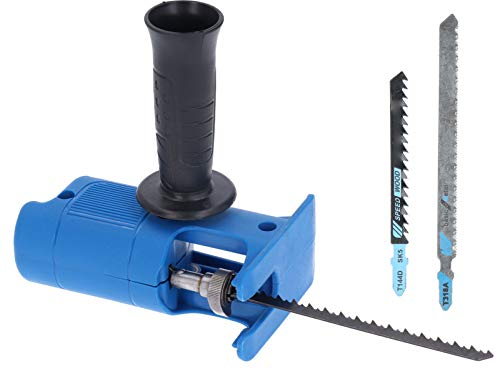 Fafeicy Portable Reciprocating Saw Adapter, Electric Drill Modified Tool, Blue, 3 Saw Blades, Wood & Metal Cutting